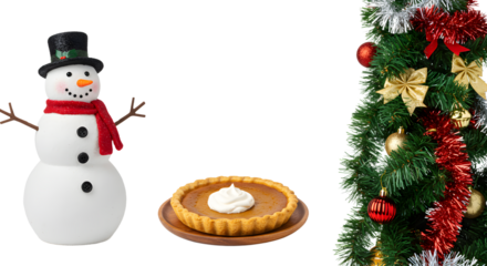 Festive Christmas scene with a snowman figurine, pumpkin pie, and decorated holiday garland, perfect for seasonal celebrations and winter holidays