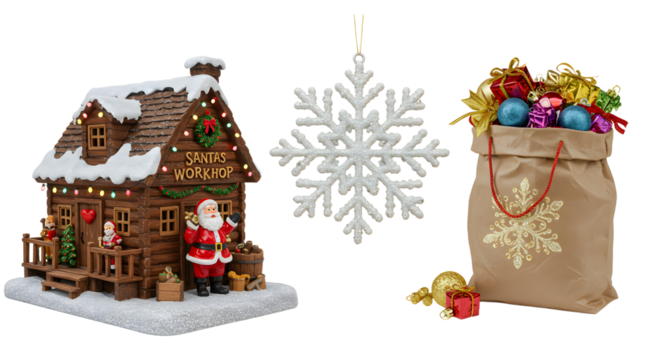 Christmas Santa's Workshop miniature house with snowflake ornament and bag of colorful Christmas decorations, perfect for holiday and winter celebrations