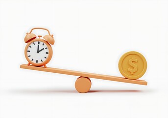 Conceptual image depicting time versus money using a seesaw balance with an alarm clock and dollar coin in a minimalistic style
