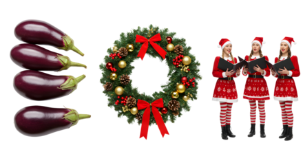 Christmas wreath with red bow and ornaments next to four stacked eggplants and three women dressed in Santa costumes singing christmas carols, perfect for holiday celebrations