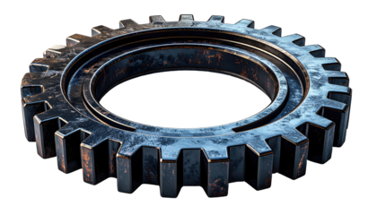 A circular metal gear, showing a weathered, aged appearance
