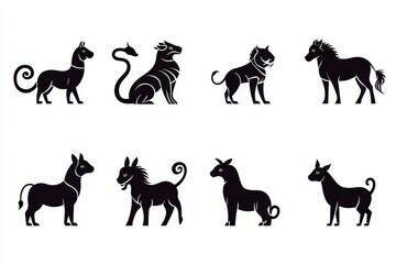 The Chinese zodiac signs are presented in a set that includes twelve animal silhouettes created in a graphic or engraved style, characterized as modern illustration