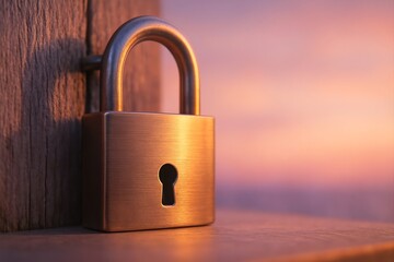 Fototapeta premium Padlock on Wooden Surface at Sunset, Security and Protection Concept
