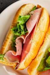 Ham sandwich green leaf salad, spam, meat snack vegetables natural product tasty tasty snack fresh delicious gourmet food background on the table rustic top view copy space