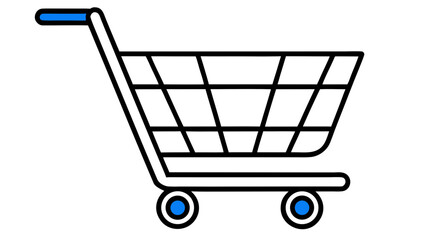 A shopping cart with a blue handle and blue wheels is displayed on a white background in this image on transparent background silhouette