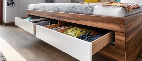 Modern wooden bed with built in drawers space saving bedroom storage solution