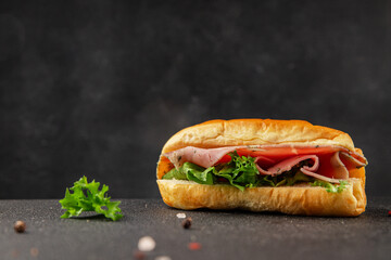 Ham sandwich green leaf salad, spam, meat snack vegetables natural product tasty tasty snack fresh delicious gourmet food background on the table rustic top view copy space