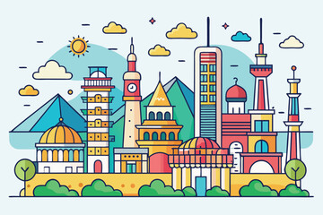 Colorful skyline illustration featuring iconic buildings, mountains, and a bright sun in a clear sky