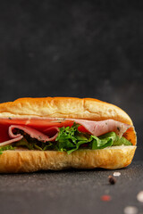 Ham sandwich green leaf salad, spam, meat snack vegetables natural product tasty tasty snack fresh delicious gourmet food background on the table rustic top view copy space
