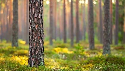 Pine forest at dawn. Sunlight filtering through trees