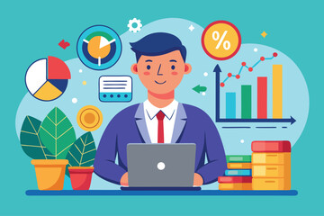 Businessman working on laptop with charts and graphs in a modern office setting