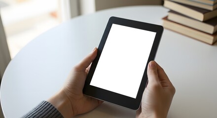 Hands Holding an E-reader or Tablet Mockup for a Digital Book and E-learning