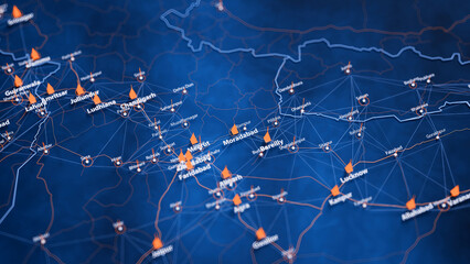 Moradabad map big data visualization. Futuristic map infographic of city in India. Visual map data complexity in modern blue and orange colors