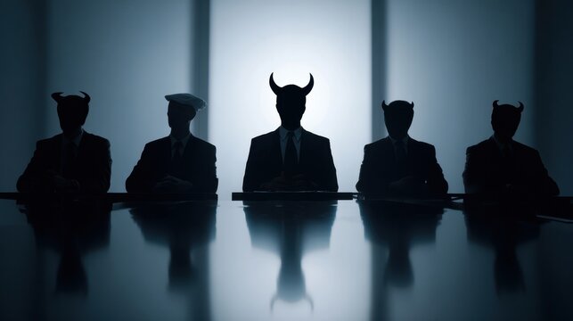 Shadowy Summit: A group of figures in the shadows sit at a table, each adorned with horns. A chilling image of secrecy and hidden agendas, where power and deception converge.