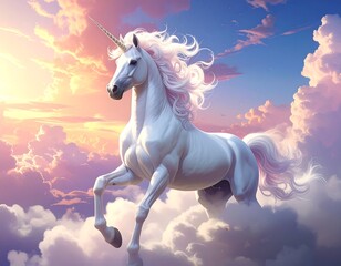 Majestic unicorn soaring through a cloud-filled sky at sunrise