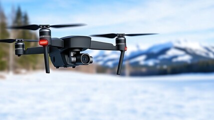 Obraz premium Black Drone Soaring Above Snowy Mountain Range