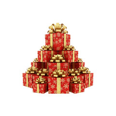 Obraz premium Red and gold Christmas gifts stacked in a tree shape a festive holiday scene