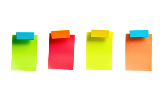 Four colorful sticky notes displayed against a simple transparent background for creative projects