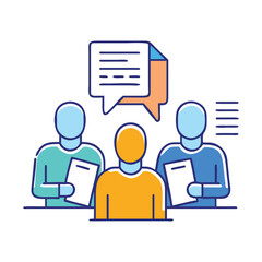 Team discussing documents in meeting with speech bubbles and information icons