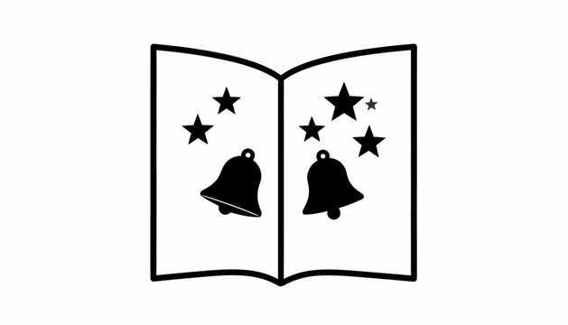 Open book illustration with bells and stars, a whimsical black and white design for festive themes