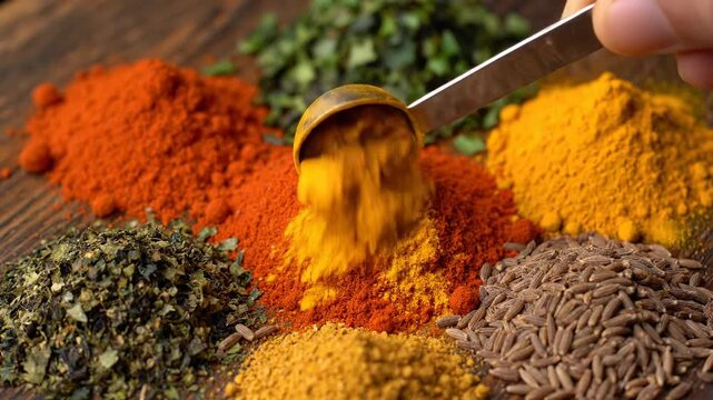 Vibrant Spices and Herbs Culinary Scene - A close-up shot showcases a variety of colorful spices and herbs arranged on a wooden surface.