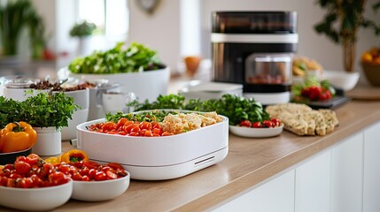 Personalized nutrient analysis device scanning food, displaying nutritional content, dietary management, healthy eating. 