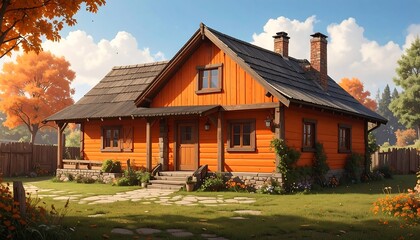 Naklejka premium A charming, autumnal-hued, wooden cottage sits serenely on a stone-paved yard, bathed in warm sunlight.