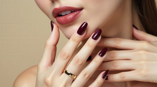 Close-up of a woman's manicured hands with glossy burgundy almond nails, gold ring, and soft beige background, capturing refined elegance and modern beauty in natural light.