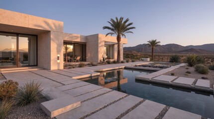 Modern desert villa with minimalist geometric design, sandstone façade, glass windows, reflecting pools, lush greenery, and warm golden late-afternoon light for a tranquil luxury atmosphere.