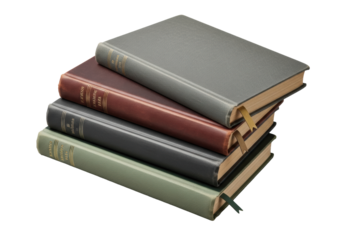 Four vintage books, aged leather and cloth bindings, stacked askew with a brass bookmark, transparent background, shallow depth of field, concept of vintage literature