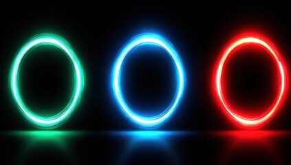 Three vibrant neon circles, glowing green, blue, and red, illuminate a dark backdrop.