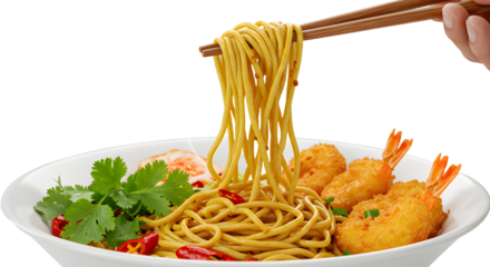 Plate of Asian noodles with crispy fried shrimp and fresh herbs, close-up of hand holding chopsticks, perfect for food blogs