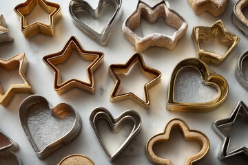 A variety of cookie cutters displayed on a marble background, ideal for baking preparation, food photography, and recipe illustration. Creative kitchen tools for making delightful cookies and sweet