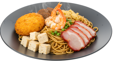 Plate of Asian-inspired noodle dish with shrimp, tofu, sliced pork, and crab cake on black plate, perfect for food menus or culinary presentations
