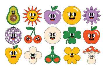 Groovy Sticker Collection,  Funky 70s and Y2K Decorative Icons Featuring Daisy Flowers, Hearts, Boho Symbols, Trippy Cartoon Illustrations, Hippie Vibes, Retro Style, and Positive Psychedelic Graphics