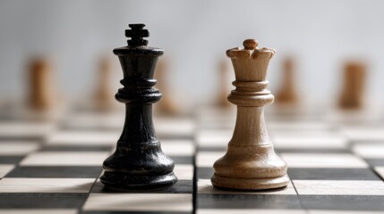 Fototapeta premium Chess Battle: Two chess pieces, the king and queen, stand poised on a checkered board, in a display of strategic competition, in the game of chess.