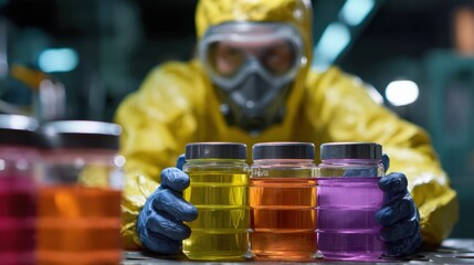 Medium shot of a technician in protective gear carefully handling chemical containers for secure hazardous waste disposal with background blurred to emphasize safety protocols.