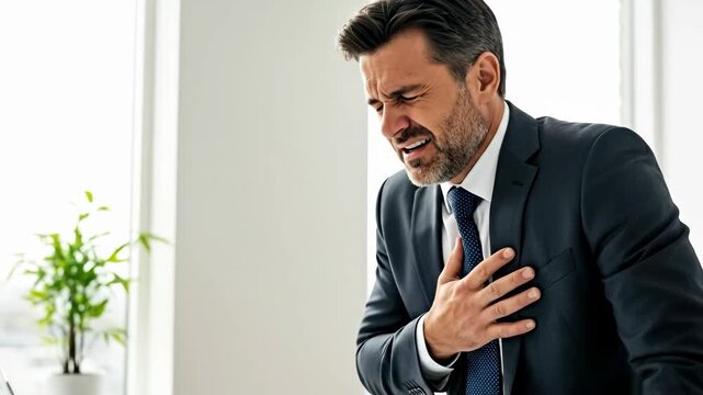 Man having heart attack feeling discomfort and pain. Male suffering from chest pain at office, medical emergency footage.