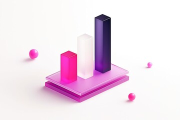 Abstract 3d bar chart with pink and purple geometric shapes on a white background