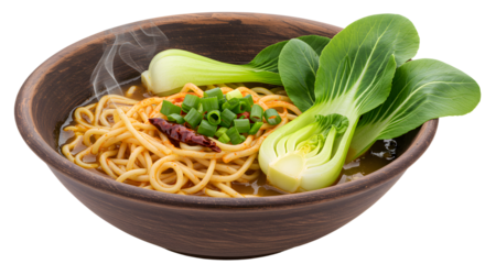 Steaming bowl of Asian noodle soup with bok choy, green onions, and chili peppers in a dark wooden bowl, perfect for healthy meals and culinary presentations