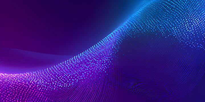 Flowing digital wave of blue and purple particles forming a glowing motion pattern