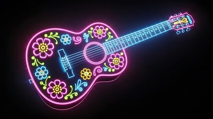 Neon guitar with floral accents pink blue
