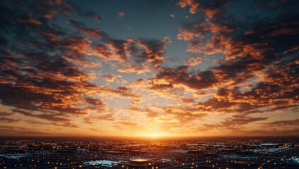 A breathtaking sunset panorama over a sprawling city, illuminated by warm golden hues and dotted with twinkling lights, showcasing a vast expanse of clouds.