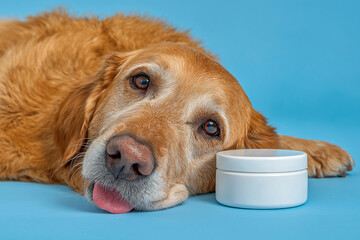 Labrador retriever dog with a joyful expression lying beside a white container of pet supplements on a soft surface against a warm orange background