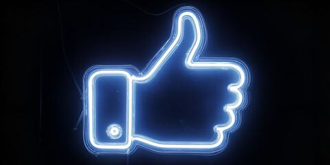 Blue glowing thumbs-up icon in neon style on dark background symbolizing approval and feedback