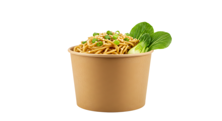 Takeout bowl of noodles with vegetables isolated on white background, perfect for food delivery and Asian cuisine menus