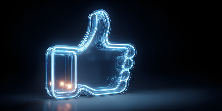 Blue neon thumbs-up outline icon with glow effect in modern digital style for social interaction - Powered by Adobe