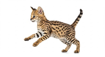 Obraz premium Sitzender Serval K�tzchen spielt leuchtend hell beleuchtet. AI Generated