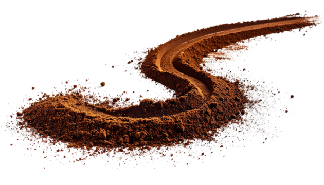 A winding path of dark brown powder