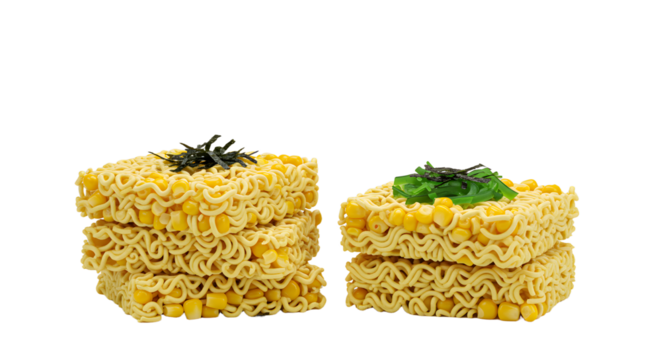 Uncooked instant ramen noodle blocks with dried vegetables, close-up on white background, perfect for food packaging or recipe content
